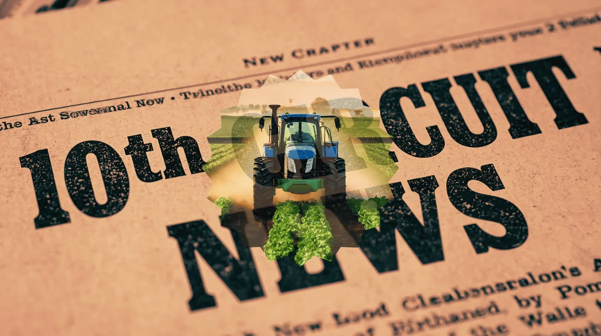 10th Circuit Roundup News headline featuring a tractor spraying herbicide on a farm