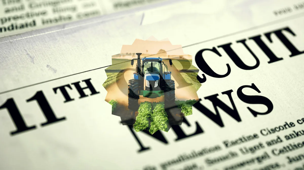 11th Circuit Roundup News headline featuring a tractor spraying herbicide on a farm