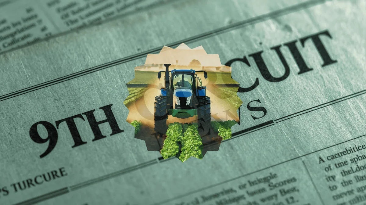 9th Circuit Roundup News headline featuring a tractor spraying herbicide on a farm